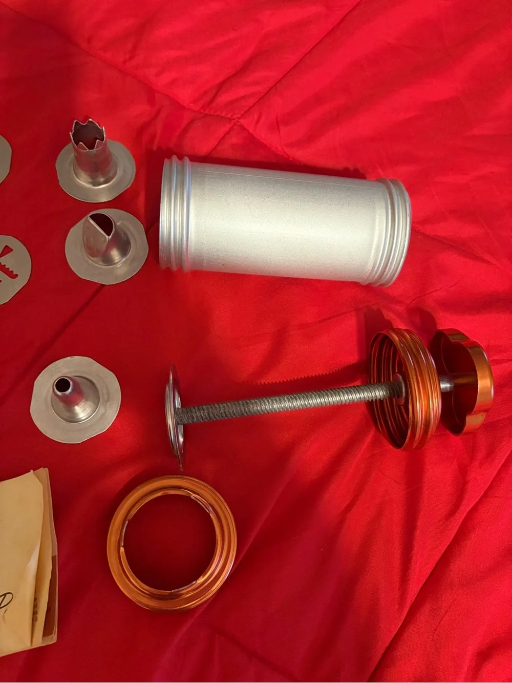 Metal Cookie Press with Red Accents and 14 Decorative Discs